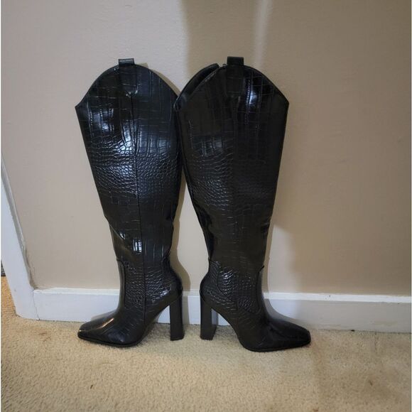 🆕🤠👢Pretty Little Thing Black Croc Knee High Boots - Picture 10 of 11